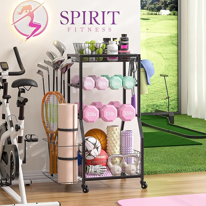 Home Gym Storage Rack, Dumbbell Rack with Yoga Mat Storage, Weight Rack Stand with Lockable Wheels and Hooks, Home Workout Equipment Organizer for Yoga, Dumbbell, Kettlebells, Ball Storage