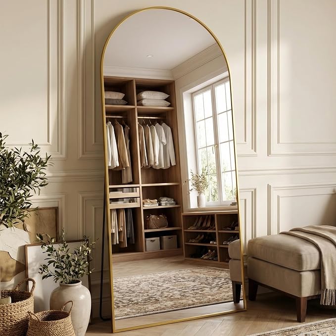 Suidia 78"x38" Arched Full Length Mirror with Stand, Full Body Mirror with Aluminum Frame, Freestanding/Leaning/Wall-Mounted, Floor Mirrors for Bedroom, Living Room, Entryway, Dressing Room, Gold