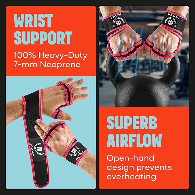 Mava Sports Open Gym Gloves with Integrated Wrist Support – Padded Weight Lifting Gloves for Men & Women – Silicone Grip Fingerless Workout Gloves for Cross Training & Fitness – 1 Pair