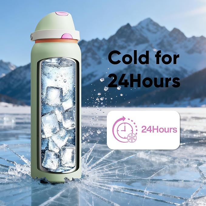 Insulated Water Bottle with Straw - Encool Stainless Steel Water Bottle with Push Button Lid, Leak-Proof & BPA-Free, Keeps Cold for 24 Hours for Sports, Travel, Gym (40 oz, Geyser Green)