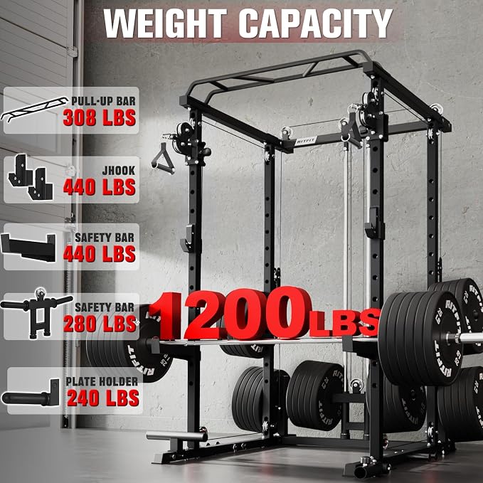 RitFit Power Cage Home Gym Package with Cable Crossover System | 1200LBS Power Rack, Weight Bench, Olympic Barbell & 230LBS Bumper Plates — All-in-One Home Gym