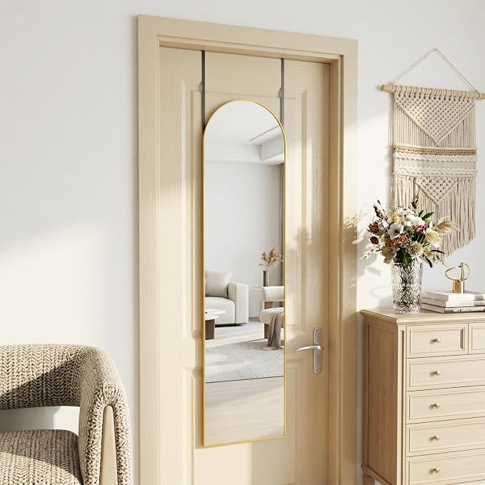Antok Full Length Mirror, 56"x14" Floor Mirror with Stand, Hanging Mounted Mirrors for Bedroom, Living Room, Cloakroom, Dining Room, Gold, Arch