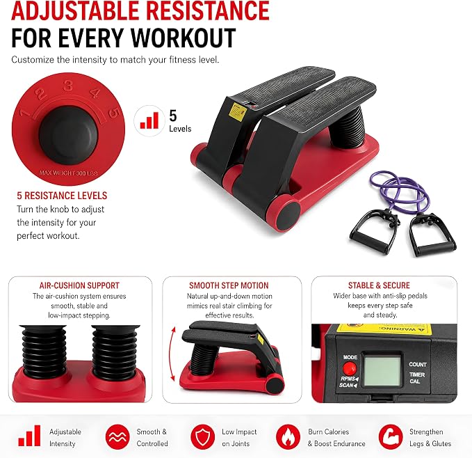 Air Stepper Machine with Resistance Bands | Adjustable Air Resistance Mini Stepper, LCD Monitor, Low Impact Cardio Workout Equipment for Home Gym, 300 lb Capacity
