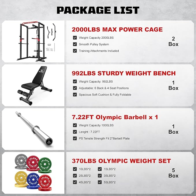 JELENS S11 Power Cage, 2000LB Multi-Function Power Rack with LAT Pulldown, Squat Rack with Adjustable Pulley System and Training Attachments, Weight Rack for Home Gym