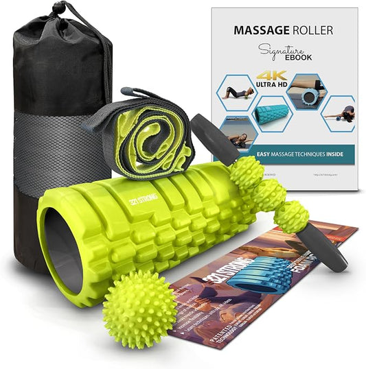 321 STRONG 5-in-1 Massage Set, Complete Mobility Kit for Workout Recovery | Deep Tissue Roller for Legs, Spikey Foot Ball, Hamstring Stretch Strap, Quad Roller Stick, Carry Bag