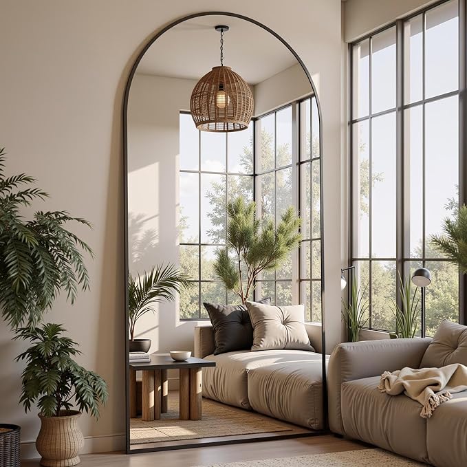 Floor Mirror, 76"x34" Oversized Full Length Mirror with Stand, Arched Full Body Mirror Standing Hanging Leaning Against Wall, Aluminum Frame Giant Mirrors for Bedroom Cloakroom, Black