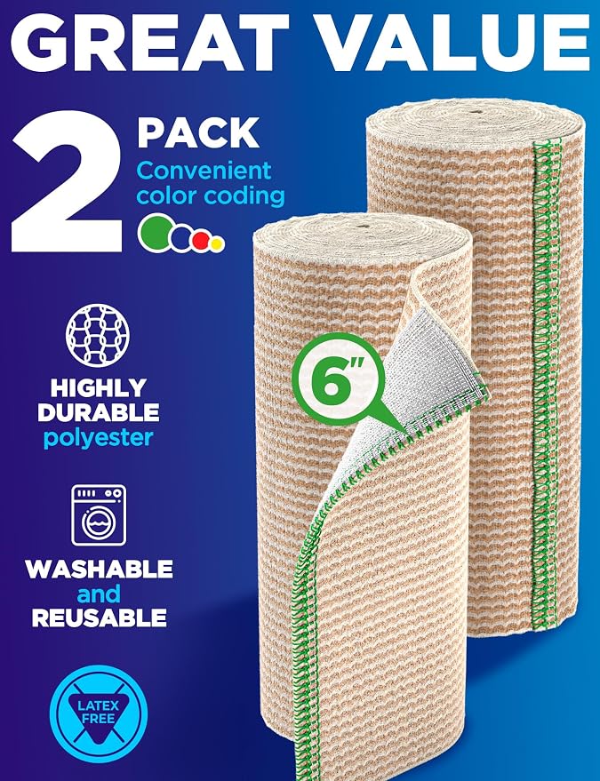 Premium Elastic Bandage Wrap - 6” (2pk) - Self-Closing Compression Bandage | Reusable Bandage Wrap for Leg, Ankles, Wrists, and Knees - For First Aid Kit and After Surgery Recovery - Latex Free