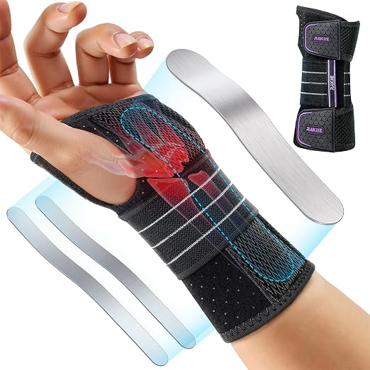 Rakiie Carpal Tunnel Wrist Brace, Adjustable Night Wrist Support with 3 Metal Splints, Hand Brace for Men Women No Pressure on Thumb, Splint Stabilizer for Work, Arthritis (Left Hand, Purple, Large)