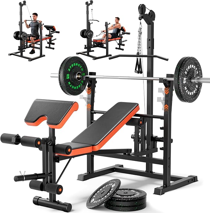 Fostoy Olympic Weight Bench with Lat Pulldown, Squat Rack & Leg Curl | Adjustable,Cable Row, Squat Rack, Leg Developer, Preacher Curl, Multi-Angle Backrest, Full Body Strength Training