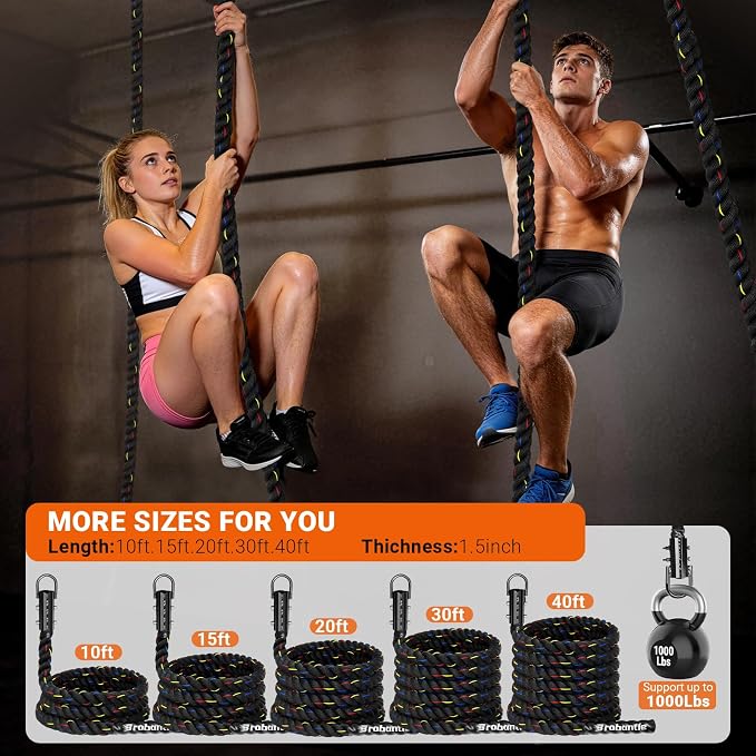 Climbing Rope Gym Workout - 1.5inch Diameter with 10FT 15FT 20FT 30FT 40FT Gym Climb Rope Heavy Duty Workout Exercise Ropes for Adults Indoor Outdoor Strength Training