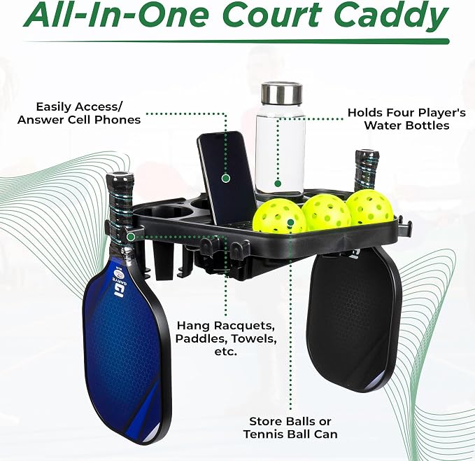 Grand Slam Court Caddie - Tennis and Pickleball Court Organizer for Fence and Net Post - Cup Holders, Phone Storage, Ball Slots, Racquet Hooks and Dual Waste Basket Mount - Weather-Resistant
