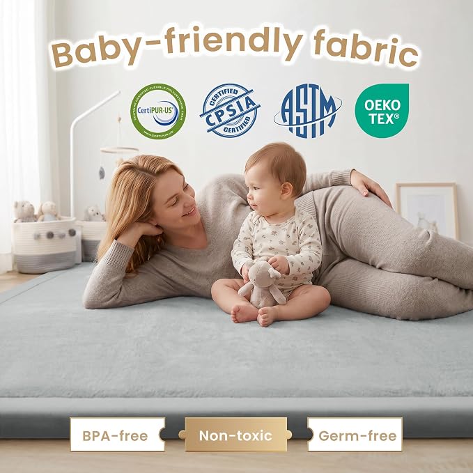 ACOMOPACK Baby Play Mat for Floor 1.3" Thick Memory Foam Play Mat 79"×157 Tummy Time Crawling with Non-slip Bottom for Living Room,Nursery,Soft Velvet Playpen Mats for Kids,Infants（Light Grey）