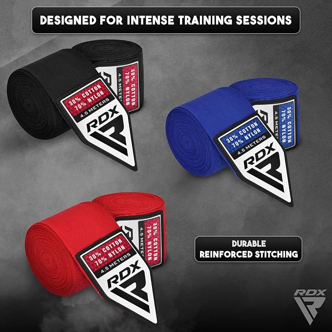 RDX Boxing Hand Wraps 4.5M / 180 Inches – Mexican Style Semi-Elastic MMA Inner Gloves - Wrist Support for Muay Thai, Kickboxing, BJJ, Karate - Thumb Loop & Hook and Loop Closure - Cotton & Nylon Blend