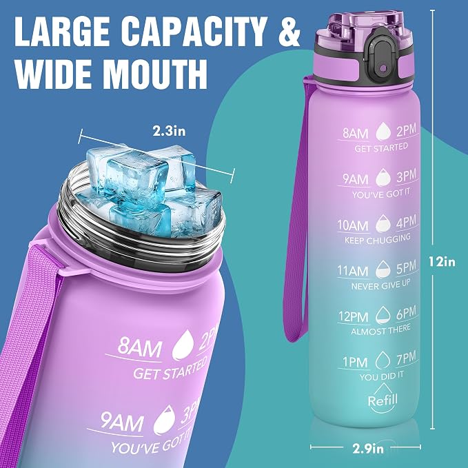 OLDLEY Water Bottle, 32oz Motivational Sports Water Bottle with Time Marker - Times to Drink - Tritan, BPA Free, Wide Mouth Leakproof,Confectionery