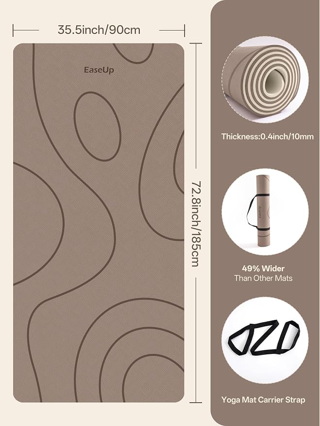 EaseUp Large Yoga Mat 73x35.5x0.4",10mm Thick Non-Slip for Home Workout | Extra thick and wide,TPE material, joint cushioning, easy to clean, wear-resistant, for yoga & Pilates with strap ﻿