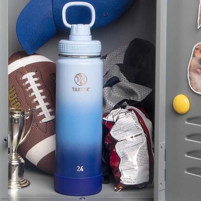 Takeya Actives Stainless Steel WaterBottle,Insulated Spout Lid,Keeps Drinks Cold 24 Hrs,Leakproof,Durable,Dishwasher Safe,Ideal for Gym,Travel,Fits Most Cup Holders,24 oz/Ombre PacificBlue (Pack of 4)