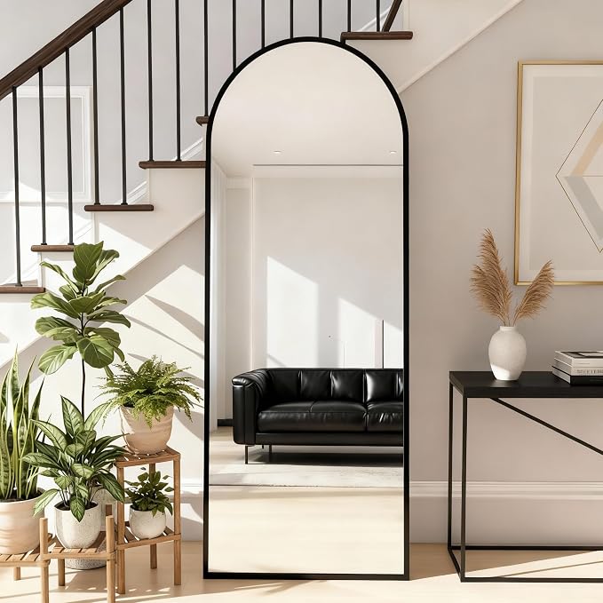 Arched Full Length Mirror 56"x15" Black | Aluminum Frame Shatterproof Glass, Freestanding Leaning Wall Mounted Mirror for Bedroom Living Room Entryway, Modern