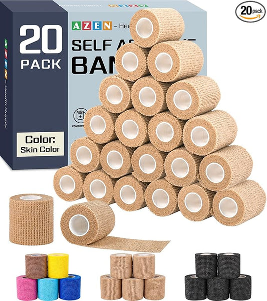 AZEN 20 Pack Self Adhesive Bandage Wrap, Elastic Cohesive Bandage Wrap, Skin Color Athletic Tape, Vet Wrap, Ankle Tape