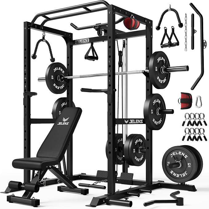 JELENS S21 Power Cage, Multi-Function Power Rack with Adjustable Cable Crossover System, 2000LBS Squat Rack for Home Gym with More Training Attachments