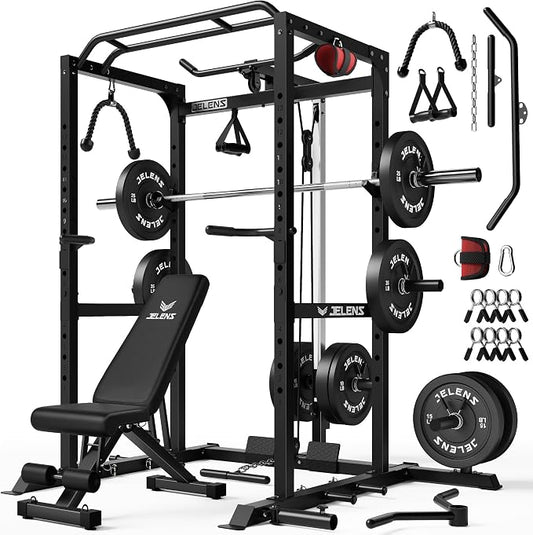 JELENS S21 Power Cage, Multi-Function Power Rack with Adjustable Cable Crossover System, 2000LBS Squat Rack for Home Gym with More Training Attachments