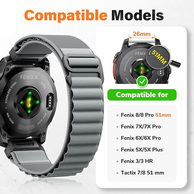 Alpine Loop Nylon Watch Band Compatible with Garmin Fenix 5X / 6X / 7X / 8 51mm, Quickfit 26mm Rugged Watch Bands for Garmin Fenix 8 Pro 51mm / 7X Pro / 6X Pro / 5X Plus, for Fenix 3, Tactix Delta