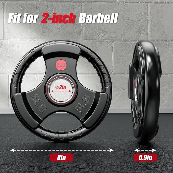 Gikpal Olympic Weight Plates, 2-Inch Three-Grip Rubber Coated Barbell Plates with Steel Hub, Cast Iron Weights for Strength Training & Home Gym, Pair or Sets (2.5–45LB)