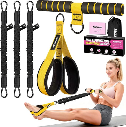 Upgraded Multifunction Pedal Resistance Band with Handle, 3 Tube Adjustable Resistance Bands for Abdomen, Waist, Arm, Core/ABS, Leg Workout - Sit Up Exercise Equipment for Women