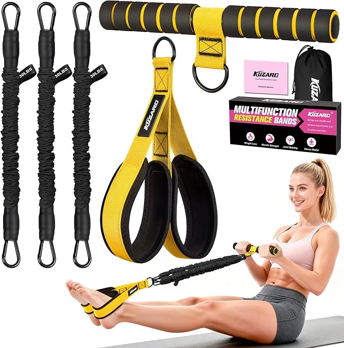 Upgraded Multifunction Pedal Resistance Band with Handle, 3 Tube Adjustable Resistance Bands for Abdomen, Waist, Arm, Core/ABS, Leg Workout - Sit Up Exercise Equipment for Women