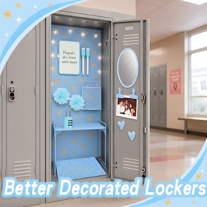 16 PCS Locker Accessories for Girls Magnetic Locker Decoration Kit with Shelf Mirror Whiteboard Pen Holder Rug Wallpaper Lights Lockers Organizer Set for School Dorm Room Office Gym (Blue)