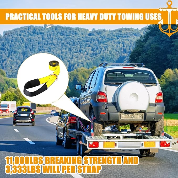 4 Pack 2" x 12ft Lasso Tow Truck Straps with D Ring 11, 000 Lbs Break Strength D Ring Auto Tie Down Wheel Lift Trailer Strap for Hauling Utv SUV Wrecker Rollback (Yellow)