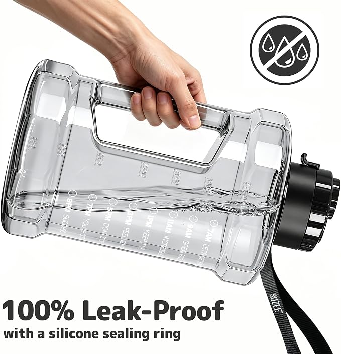 1 Gallon Water Bottle, Water Jug with Time Marker & Straw & Handle,2 Lids | BPA Free,Gallon Water Jug, Half Gallon water Bottle for Sport Gym Camping Workout Outdoors Yoga (Clear Black)