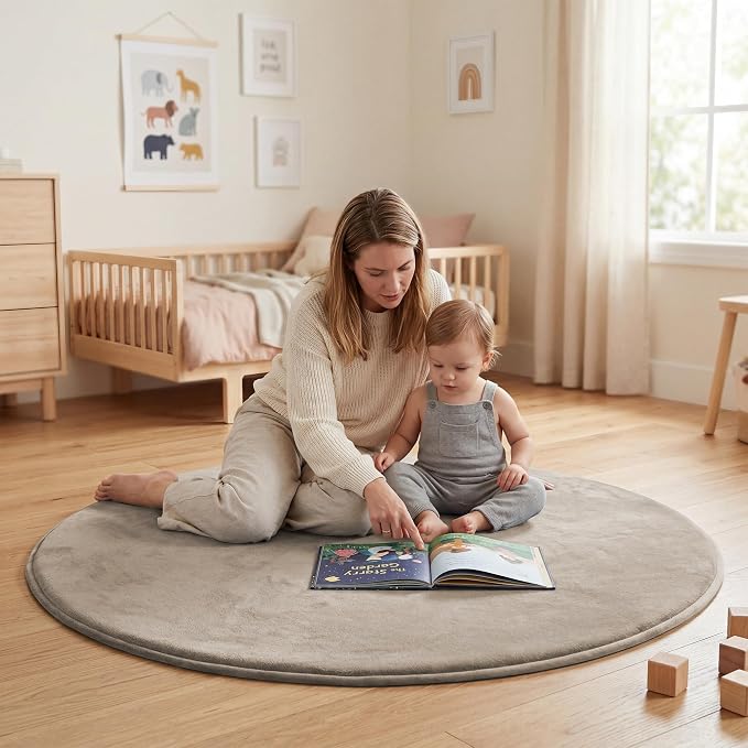 Baby Play Mat for Floor,1.3" Thick Elasti-Foam 79in Round Mat for Tummy Time,Non-Toxic Certified Water Repellent Soft Coral Velvet for Toddler,Infant,Kids,Non-Slip Backing Safe for Crawling(Beige)