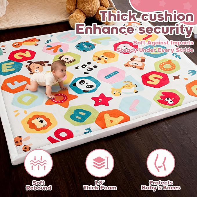 Baby Play Mat for Floor, 71'' x 59'' Thicken Foam Soft Padded Playmat for Tummy Time, Playpen Mat for Toddlers Infant Kids, Water-Repellent Coral Velvet, Non-Slip Bottom Safe for Crawling (Animal)