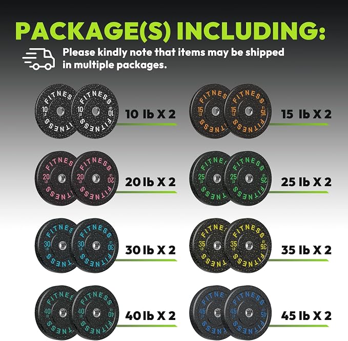 HANDBODE 2-Inch High-Bounce Bumper Plates, Olympic Weight Set, 10-650 lb | Barbell Weight Plates Set for Home Gym, Colored Weights Rubber Strength Training Plate for Weight Lifting
