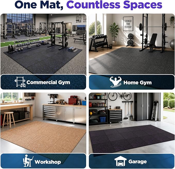 48 Sq Ft Rubber Top Gym Flooring for Home Gym, Black/Blue | 12 Tiles, High Density EVA Foam, Waterproof & Non-Slip Rubber, 0.4" Interlocking Puzzle Mats, Floor Protection, 24"x24"