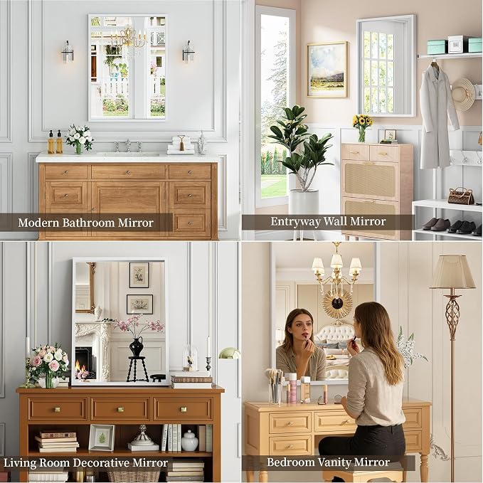 Syndra White Wood Frame Bathroom Mirror, 30''x40'' Modern Vanity Mirror for Wall, Waterproof Slim Deep Frame, Rectangular HD Tempered Glass Mirror for Living Room, Bedroom, Entryway, Rustic, Farmhouse
