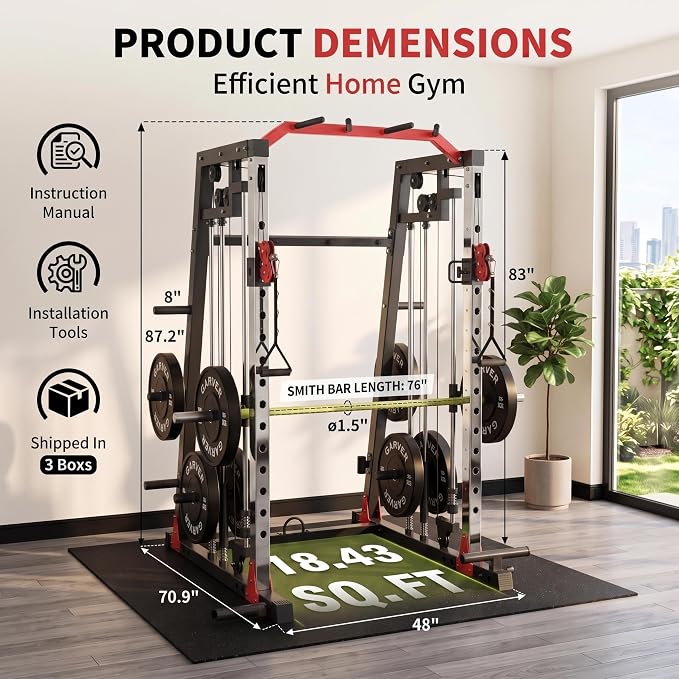 Smith Machine Home Gym – 2200LBS Multi-Function Squat Rack with Smith Bar | Power Cage,LAT Pulldown,Cable Crossover System,Dual Pulley Station,360° Landmine, Heavy Duty Full Body Workout Equipment
