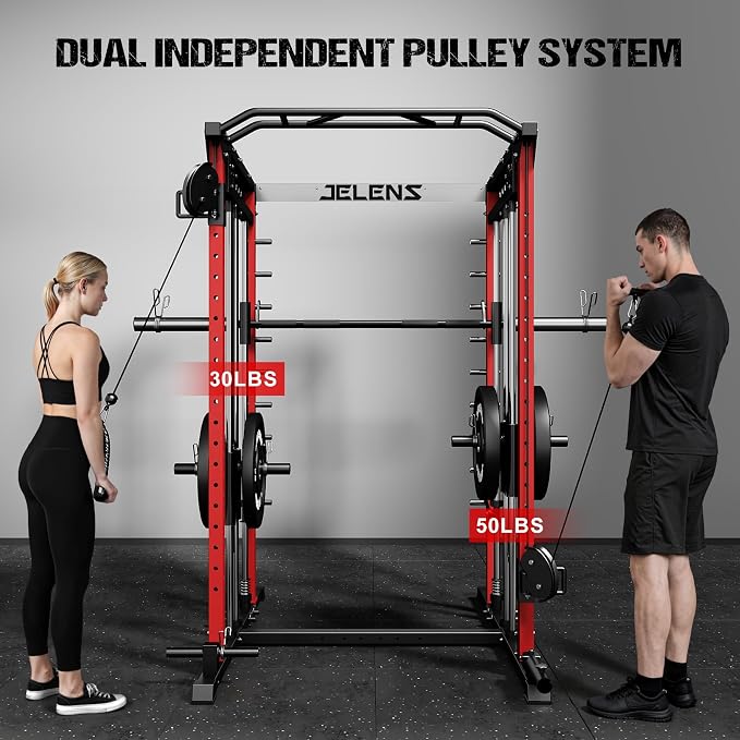 JELENS M21 Smith Machine, Multi-Function Power Cage with Dual Pulley Cable Crossover System, 2000LBS All-in-One Squat Rack with Smith Bar and Attachments for Home Gym
