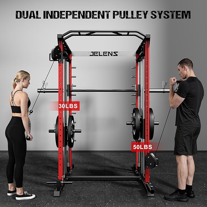 JELENS M21 Smith Machine, Multi-Function Power Cage with Dual Pulley Cable Crossover System, 2000LBS All-in-One Squat Rack with Smith Bar and Attachments for Home Gym
