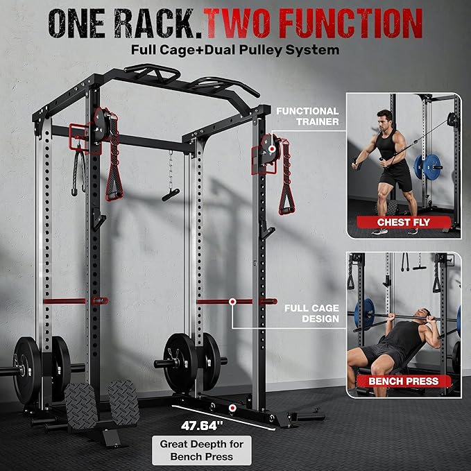 DP01 Power Cage, 2000LBS Squat Rack with Cable Crossover and Dual Independent Pulley System, Full Cage for Full Body Training, Power Rack with More Training Attachments for Home Gym