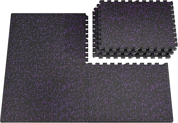 PRAISUN 0.56" Rubber Top Gym Flooring, Heavy Duty Interlocking Gym Mats for Home Gym, Non-Slip Workout Mat, 24 x 24in Large Gym Floor Mat, Protect Floors from Equipment, 24 Sq Ft, Black/Purple