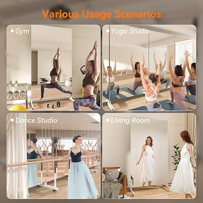 Hasipu 79" x 40" Full Length Floor Mirror on Wheels, White | Tempered glass, sturdy metal frame, smooth rolling casters, removable stand, ideal for gym, bedroom, dance studio & yoga.