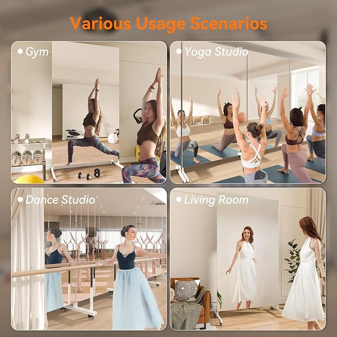Hasipu 67" x 40" Large Full Length Rolling Mirror with Wheels, White | Tempered glass, sturdy metal frame, smooth rolling casters, removable stand, ideal for gym, bedroom, dance studio & yoga.
