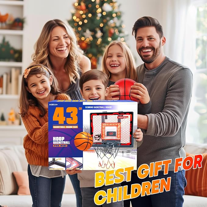 Indoor Basketball Hoop Pro for Kids, Over The Door Basketball Hoop with LED Light/Scoreboard/4 Balls- Upgraded Anti-Impact Backboard, Basketball Toys Gifts for 6 7 8 9 10 11 12 Year Old Boys