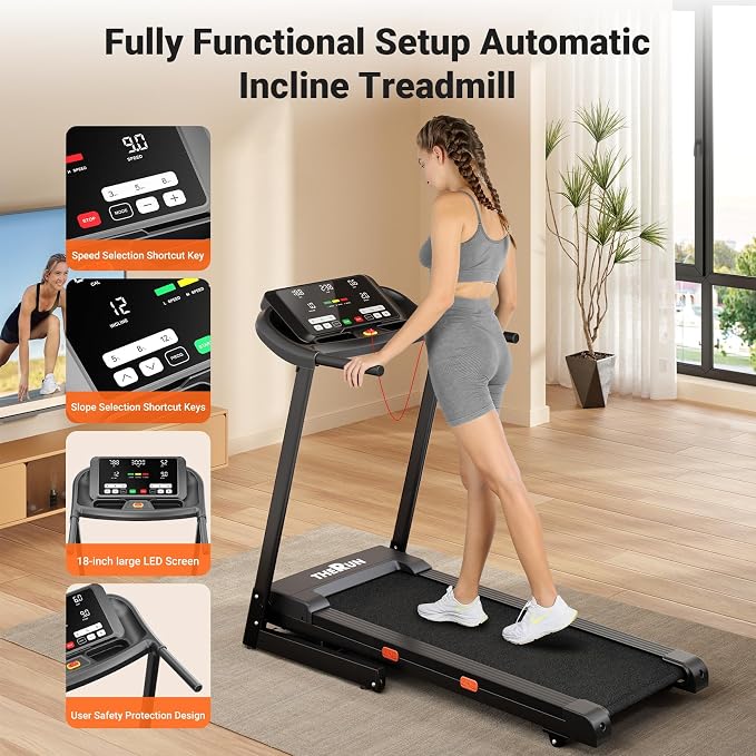 THERUN Incline Treadmill Running Treadmill, Wide Belt Treadmills for Home | 12% auto incline, 400lb, 3.0HP, 18" LED, shock-absorbing, wide belt, hydraulic folding, space saving, ipad holder