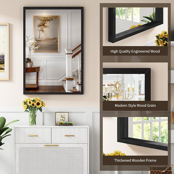 Syndra Black Wood Frame Bathroom Mirror, 24''x36'' Modern Vanity Mirror for Wall, Waterproof Slim Deep Frame, Rectangular HD Tempered Glass Mirror for Living Room, Bedroom, Entryway, Rustic, Farmhouse