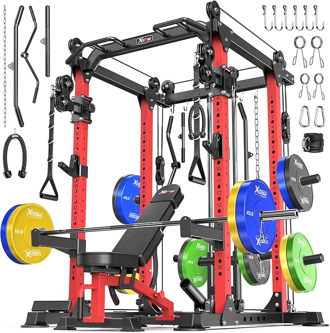 Power Rack Power Cage Multi-Function Squat Rack with Cable Crossover System Selectable More Training Attachment Power Rack for Garage & Home Gym
