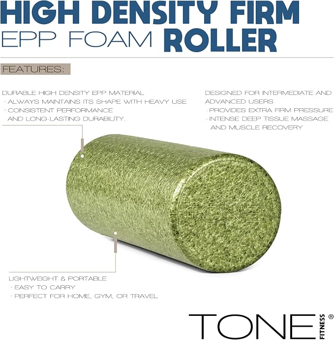 Tone Fitness High Density EPP Foam Exercise Foam Roller for Yoga, Pilates, Stretching, Massage, and Recovery | Multiple Sizes and Colors