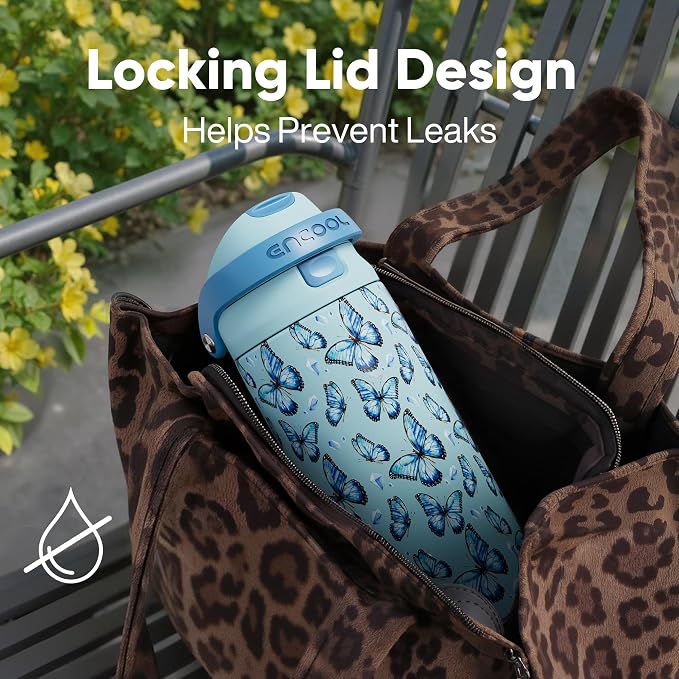 ENCOOL Leakproof Insulated Water Bottle with Straw Dual-Sip Water Bottle Bag-Safe Design for Work, Commute & Gym – Keeps Drinks Cold All Day, 32 oz, Glacier Butterfly