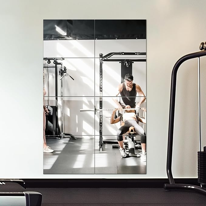 Delma Frameless Mirror Tiles 16"x12"x8 Pcs Wall Mounted | Shatter Resistant, Full Length, Tempered Glass Panels, For Home Gym Bathroom Bedroom & Living Room Decor